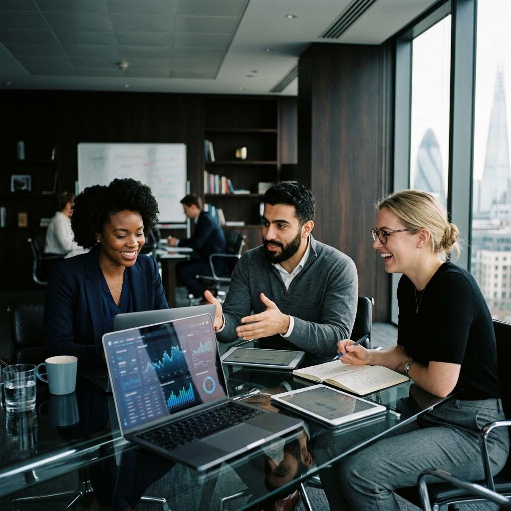 Fintech analistenteam overlegt over datamodellen